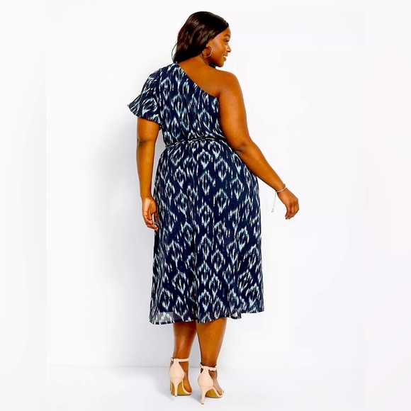 One-Shoulder Bubble-Sleeve Ikat Print Midi Dress - Picture 2 of 3